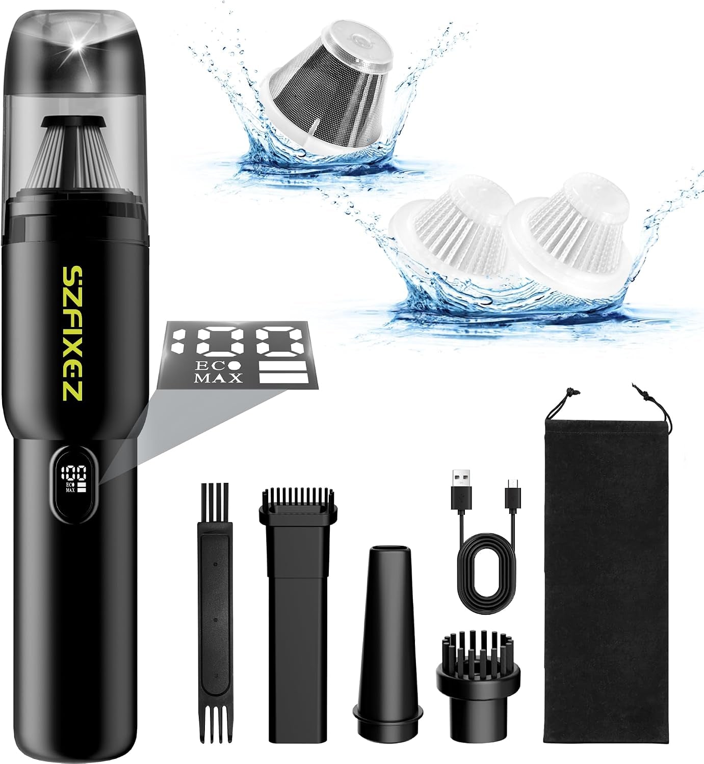 Handheld Car Vacuum Cleaner, Cordless Portable 20KPA Powerful Suction with LED Light, 2-In-1 Air Inflator, Low Noise Rechargeable Mini for Car Home Pet Office